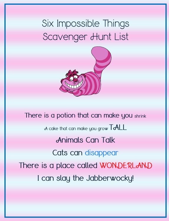Alice in Wonderland Party Games for Kids| Six Impossible Things Scavenger Hunt Free Printable | MyKidsGuide.com