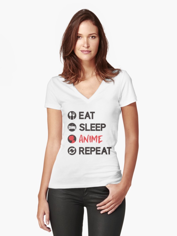 'Eat Sleep Anime Repeat Funny Shirt' Women's Fitted V-Neck T-Shirt by Dogvills